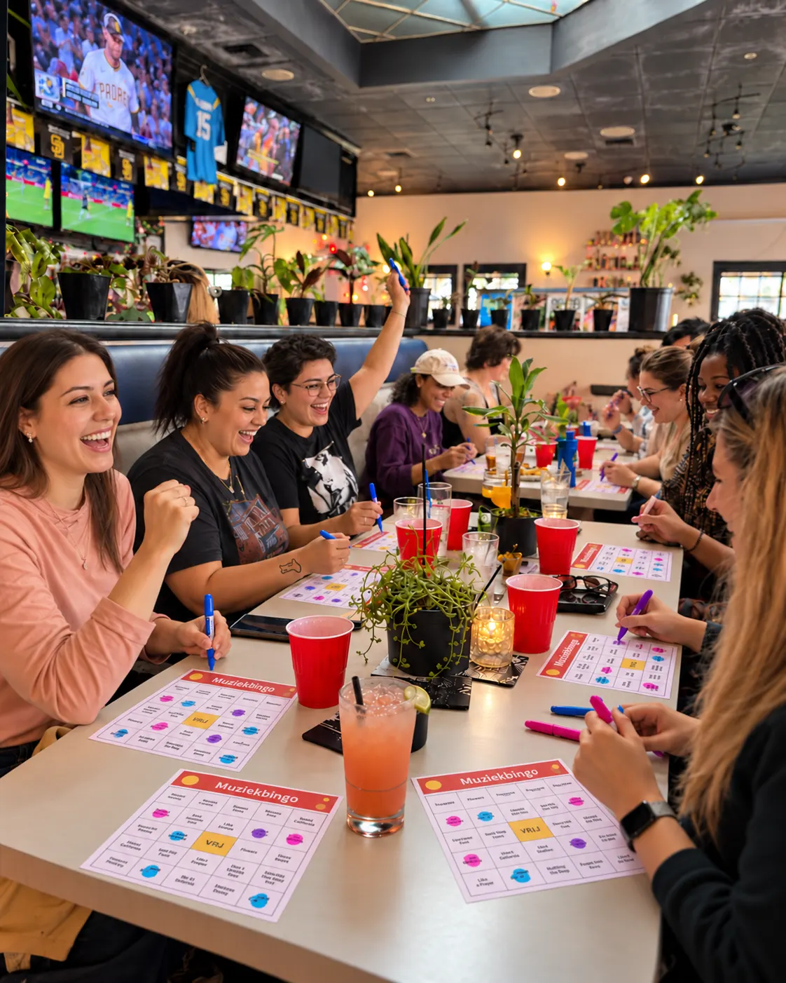 Een groep speelt muziekbingo tijdens de borrel